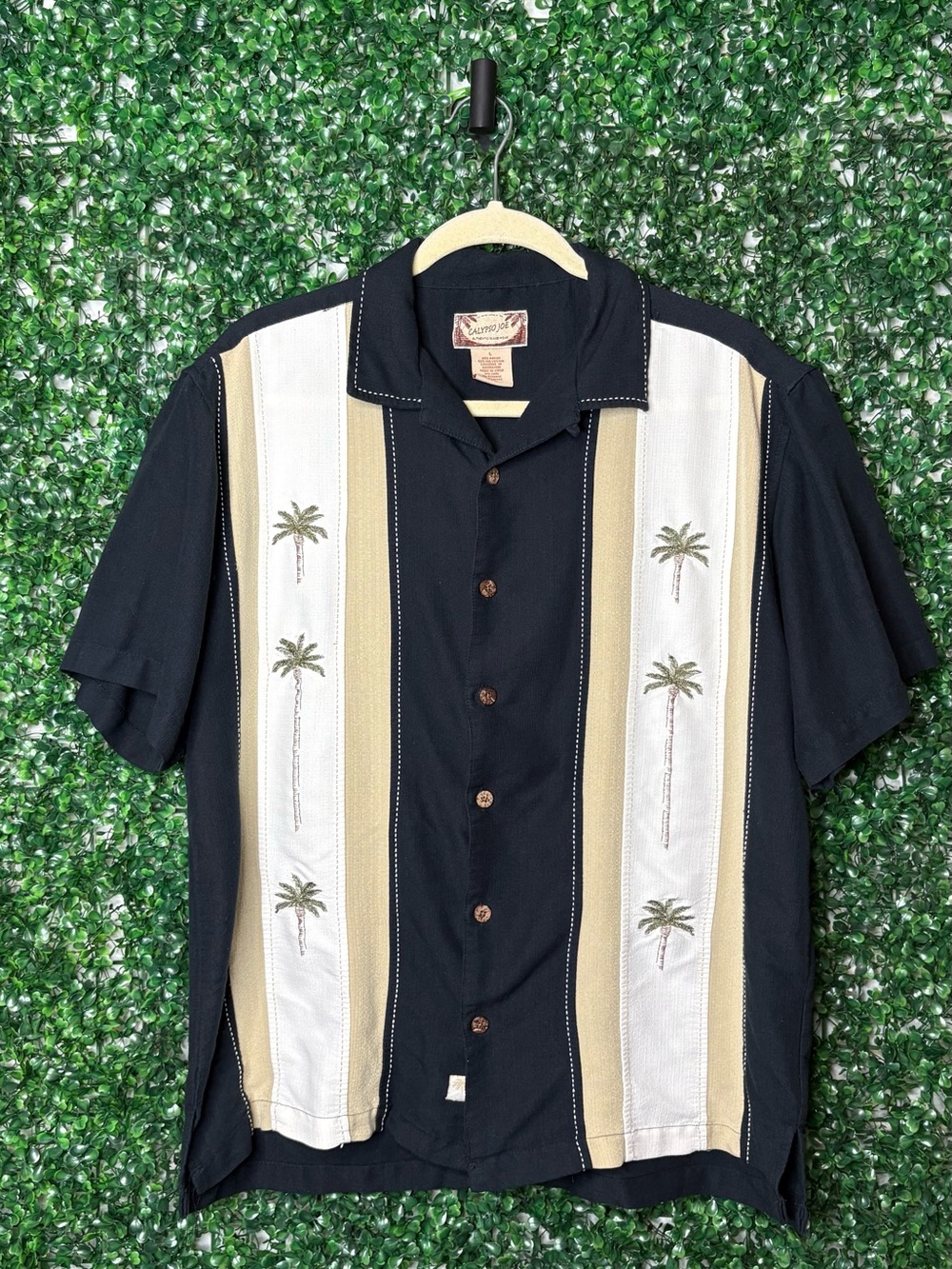 Calypso St. Barth Navy Short-Sleeve Button-Down with Cream and Tan Stripes